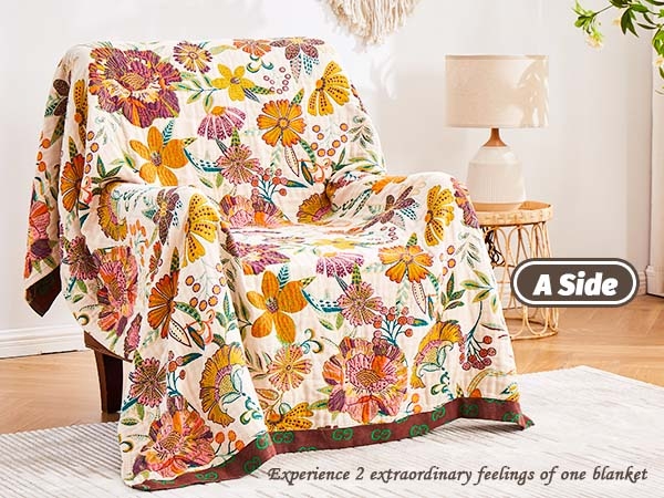 Quilted Throw Blanket Reversible Rust Floral Navy Geometric Farmhouse