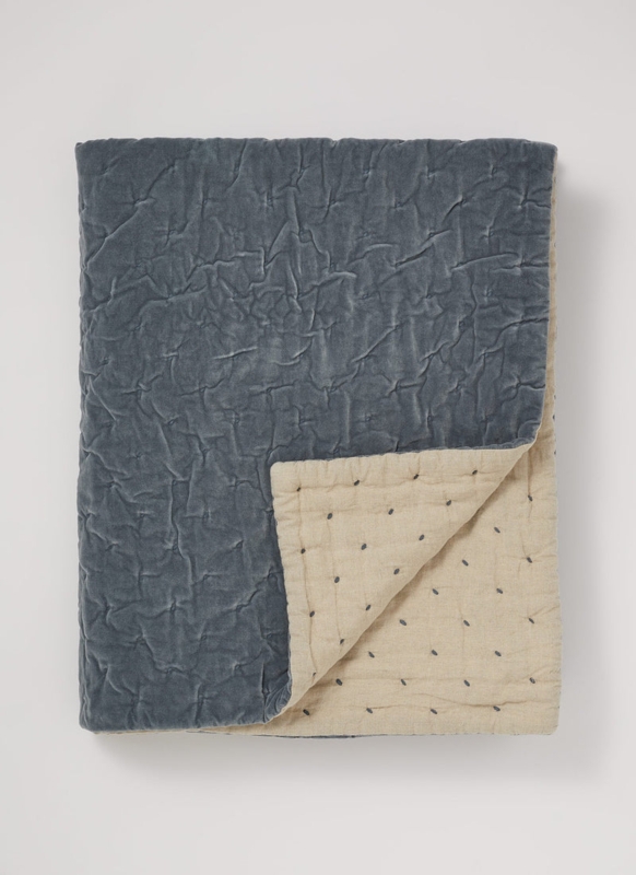 Quilted Throw Blanket Velvet Mineral Blue Hand Stitched Diamond