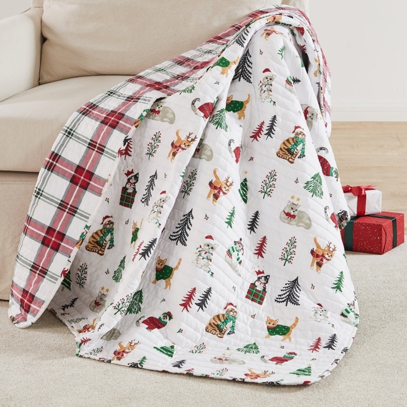 Quilted Throw Blanket Whimsical Cat Illustrations Holiday Bedding Layer
