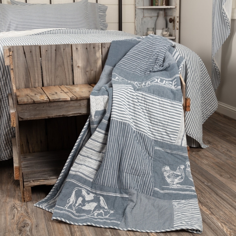 Quilted Throw Blue Denim Patchwork Farm Animal Motifs Grain Sack