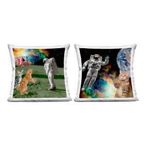 Quirky Throw Pillow Set featuring Vibrant Cat Astronaut Theme.