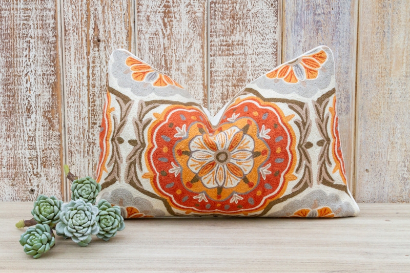Raised Wool Floral Embroidered Throw Pillow, Vibrant Orange, Global Boho