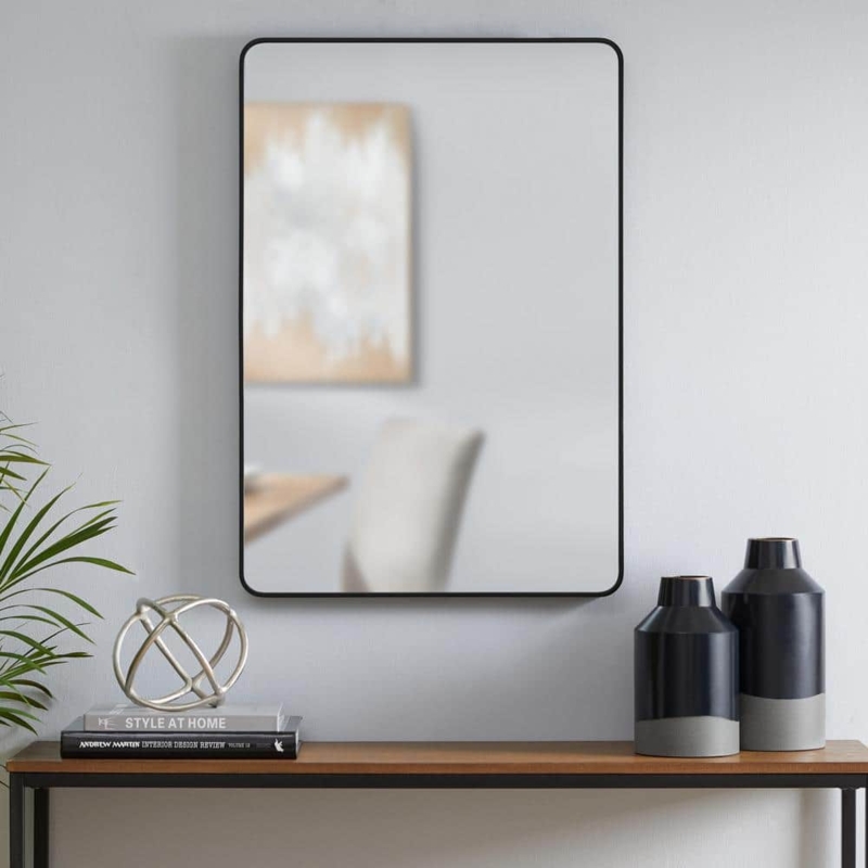 Rectangular Wall Mirror, Thin Matte Black Frame with Rounded Corners