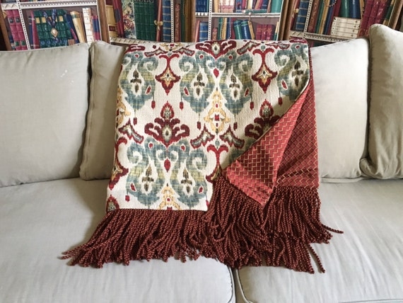 Red and Turquoise Geometric Ikat Throw, Fringe Trim, Bohemian