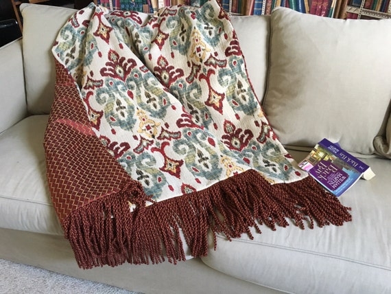 Red and Turquoise Tribal Ikat Throw, Fringe Trim, Global Bohemian