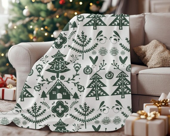 Red and White Nordic Throw, Reindeer Folk Art with Sherpa Lining