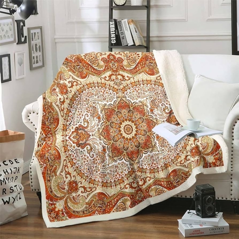 Red Oriental Pattern Sherpa Throw Blanket with Plush Reversible Fleece