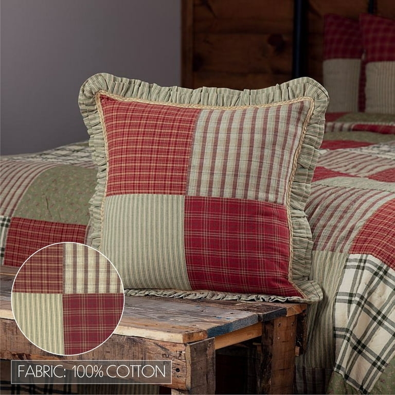 Red Patchwork Throw Pillow with Floral and Plaid Mix