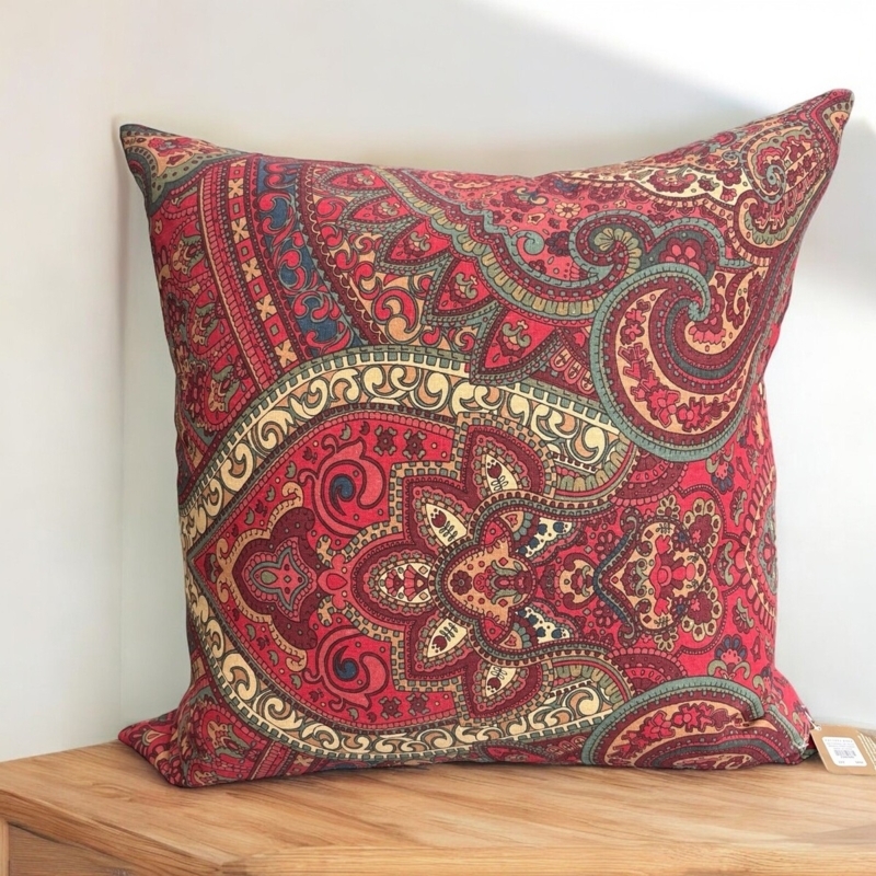 Red Pillow Cover with Medallion Print and Flange Edge.