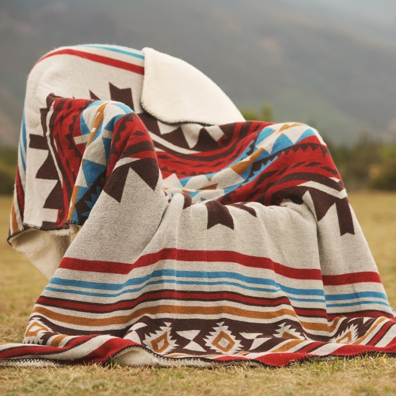 Red Southwestern Throw Blanket with Cozy White Sherpa Lining