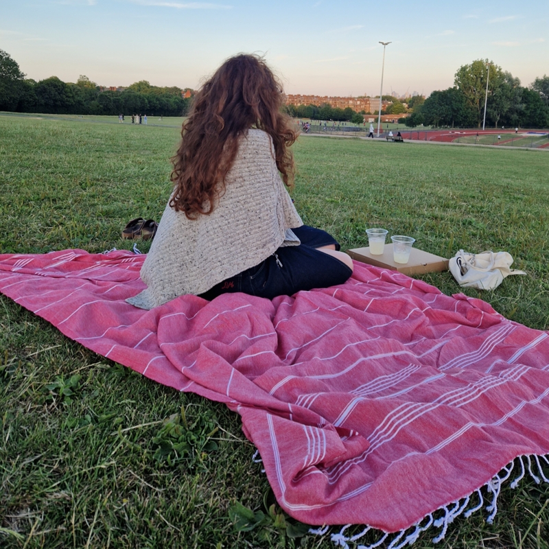 Red Striped Hammam Throw Blanket with Hand-Knotted Tassels