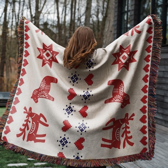 Red Woven Throw Blanket, Scandinavian Dala Horse and Reindeer Motif