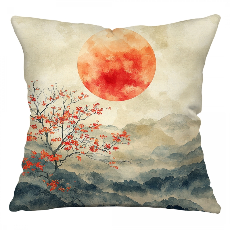 Retro Sunset Throw Pillow Warm Landscape Print Cushion