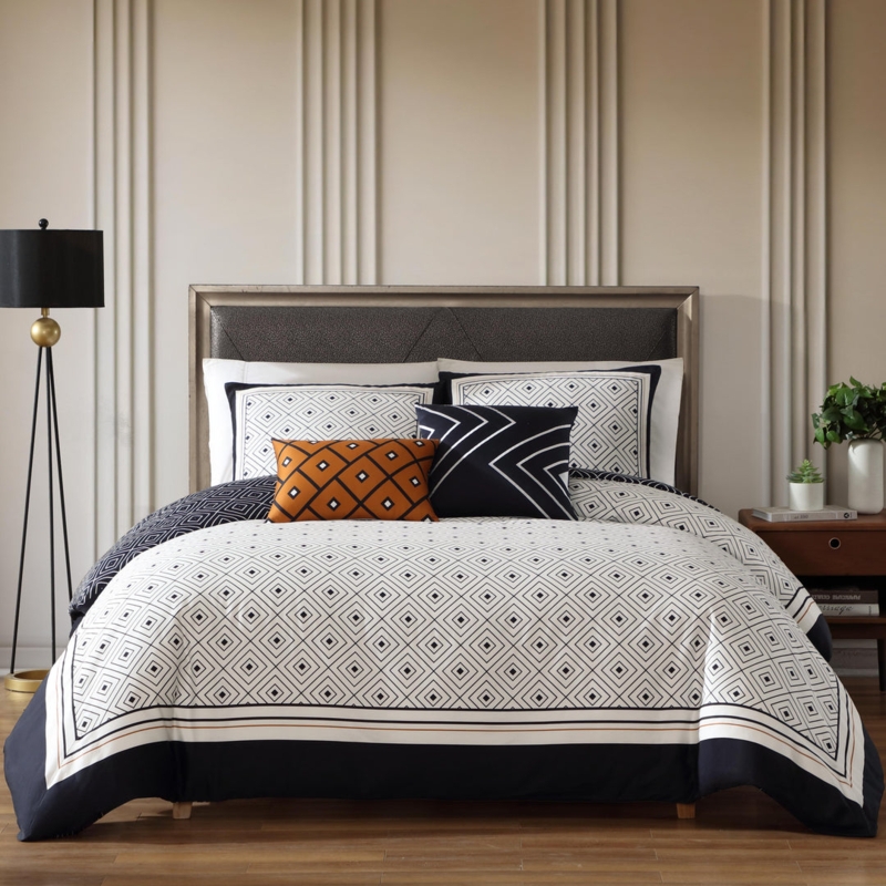 Reversible Black White Comforter Set Grid Pattern Scandinavian Style