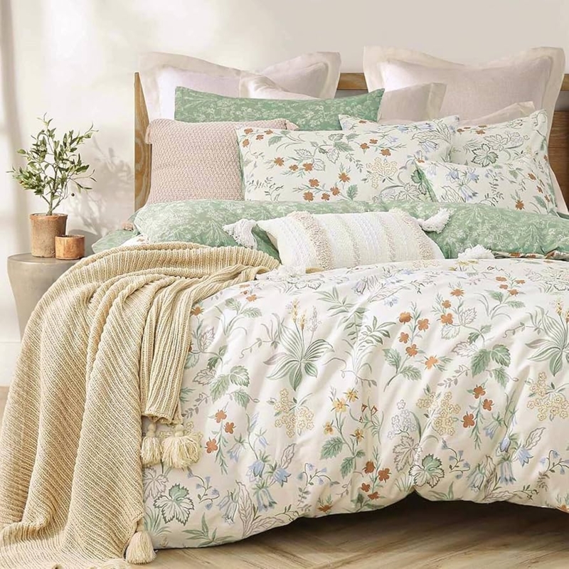 Reversible Botanical Comforter Set, Sage Green Cottagecore Bedding