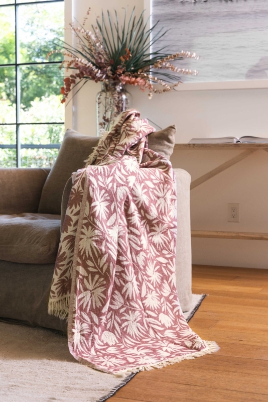 Reversible Floral Throw Blanket, Burgundy Muslin Whimsical Print