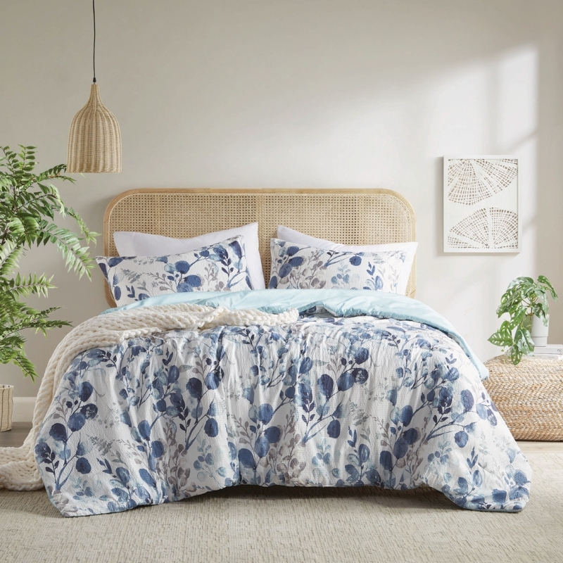 Reversible Navy Seersucker Floral Comforter Set with Embroidery