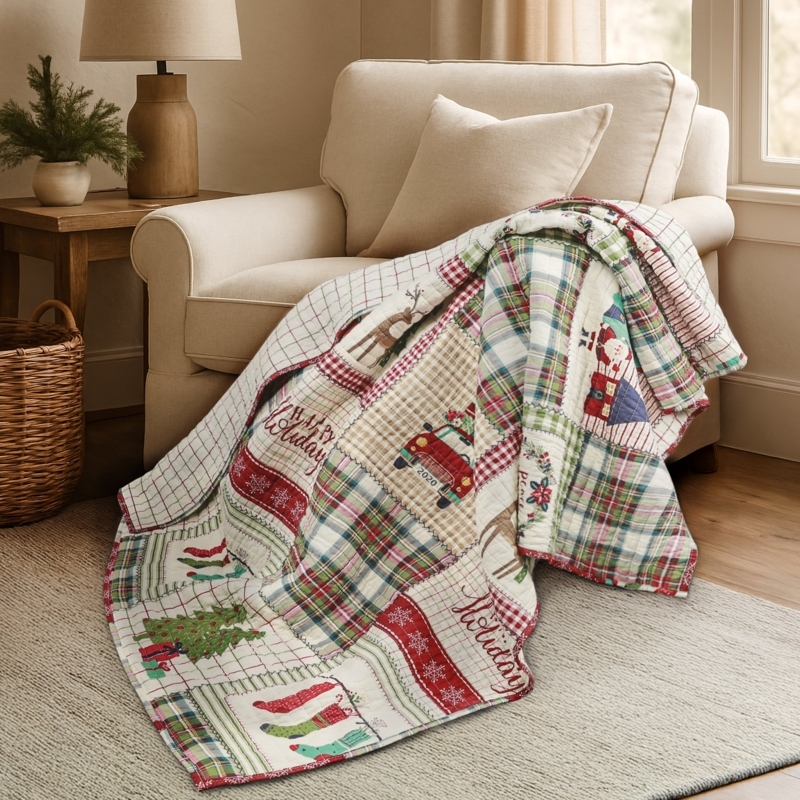 Reversible Plaid Christmas Throw Quilt, Festive Village Print, Scalloped