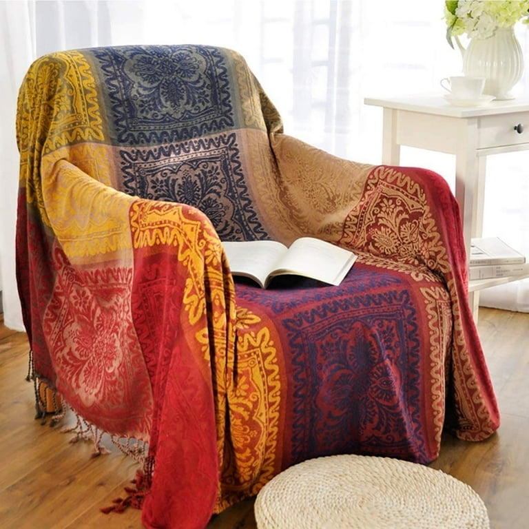 Reversible Throw Blanket Aztec Jacquard with Chunky Tassels