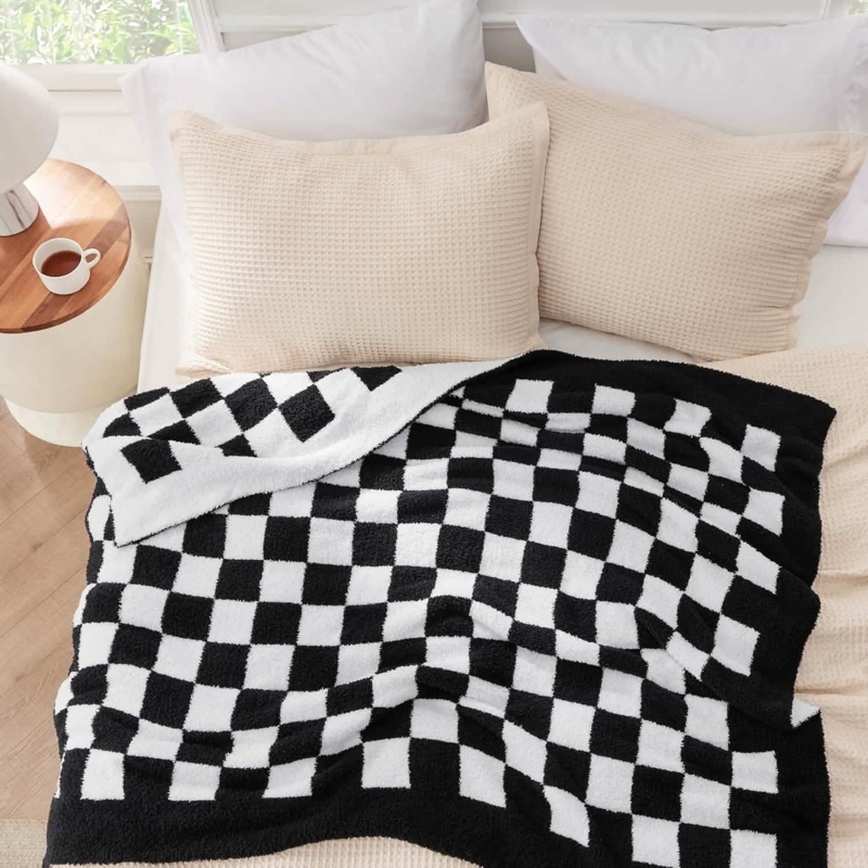 Reversible Throw Blanket, Camel and Cream Checkerboard, High Pile