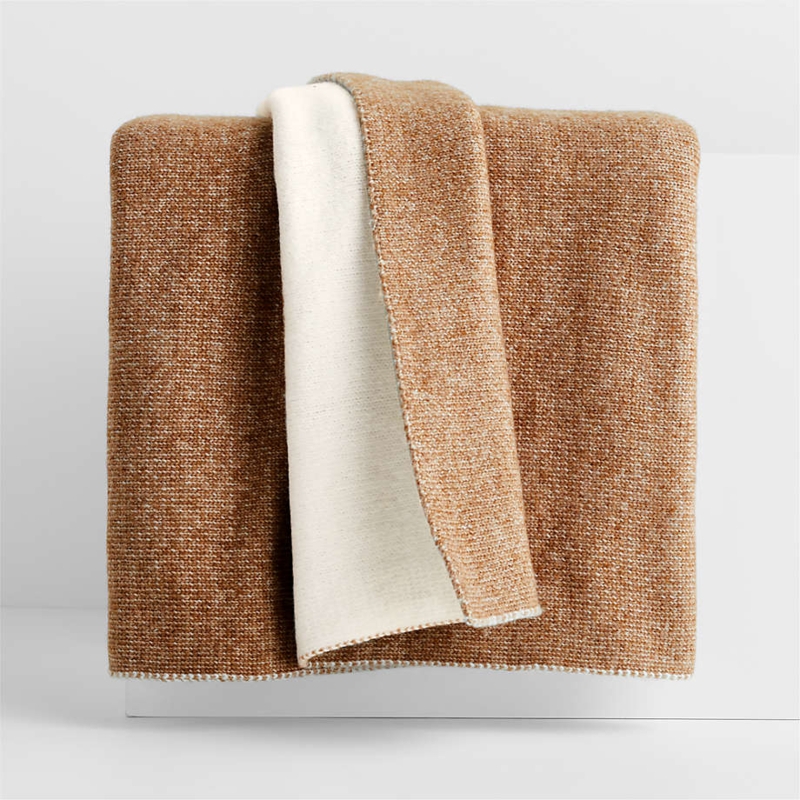 Reversible Throw Blanket in Ivory and Camel Tan, Plush Fabric Finish