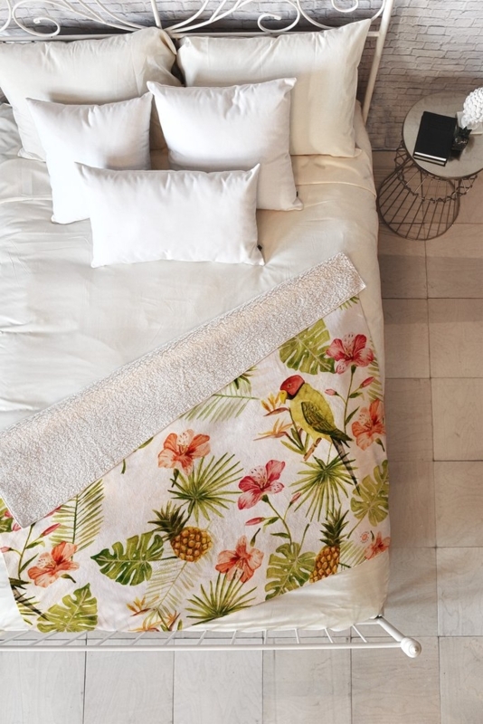 Reversible Throw Blanket with Monstera Print and Faux Shearling