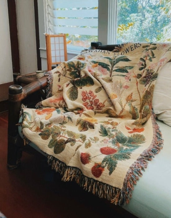 Reversible Woven Throw Blanket, Black Tropical Floral Tapestry