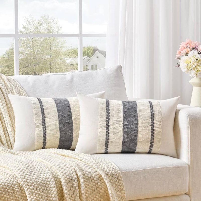 Ribbed Lumbar Pillow Cover in Neutral Grey Cotton Fabric