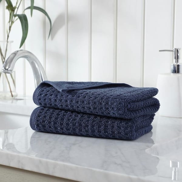 Ribbed Navy Blue Hand Towel with Dobby Border Texture