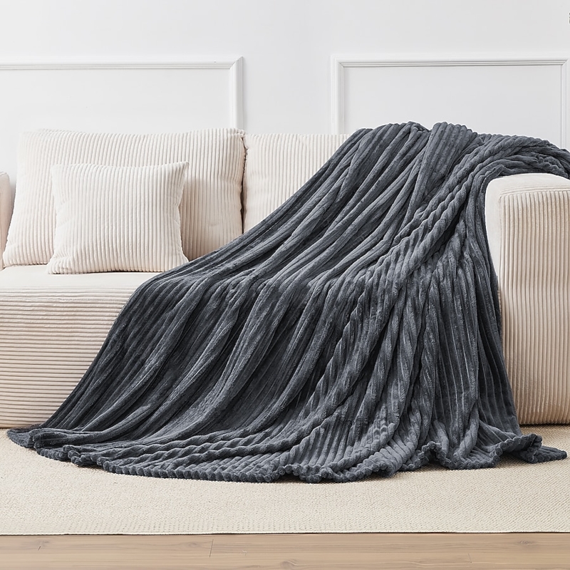 Ribbed Texture Throw Blanket, Dark Gray Flannel, Modern and Cozy (63 chars)