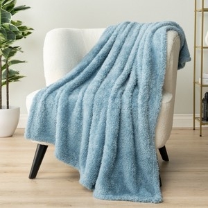 Ribbed Throw Blanket: Dusty Blue Plush Surface, Ribbed Plush Sofa Throw