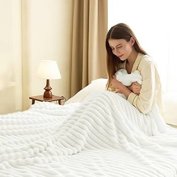 Ribbed Throw Blanket, Off-White, Cozy Fleece Accent