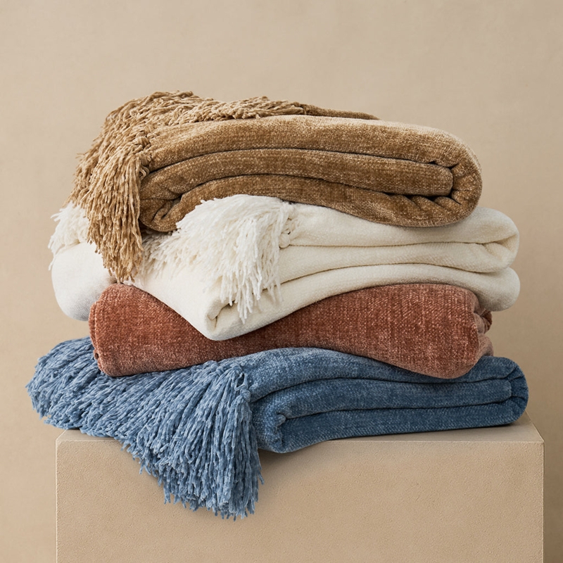 Ribbed Throw Blanket Stack Chunky Chenille Earthy Outdoor Styling