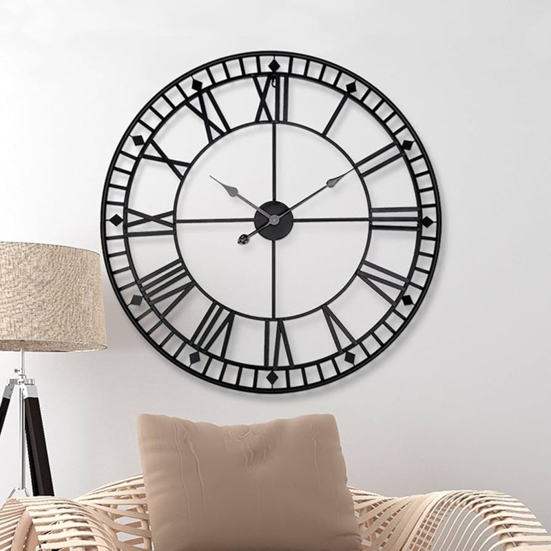 Roman Numeral Black Metal Clock with Gold Spade Hands Skeleton