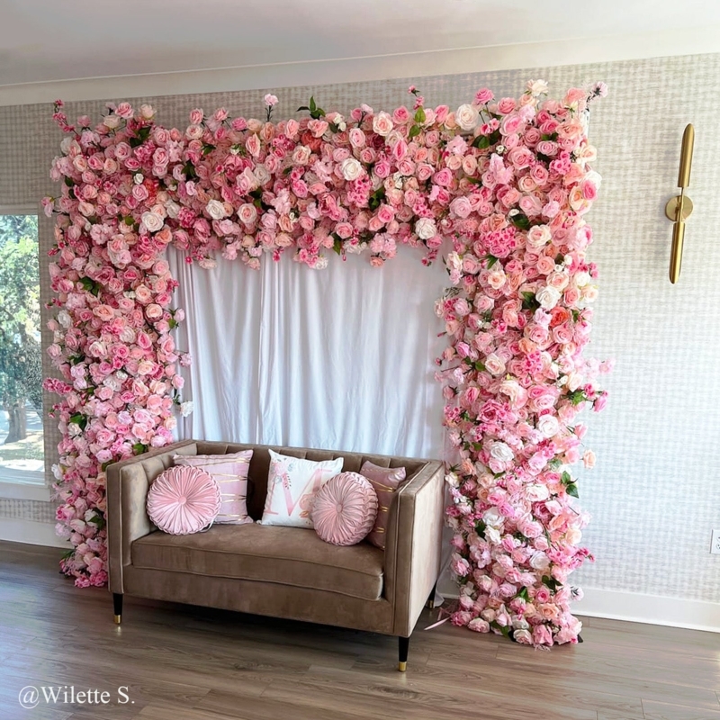 Romantic Circular Floral Arch Backdrop Pink Artificial Silk Flowers