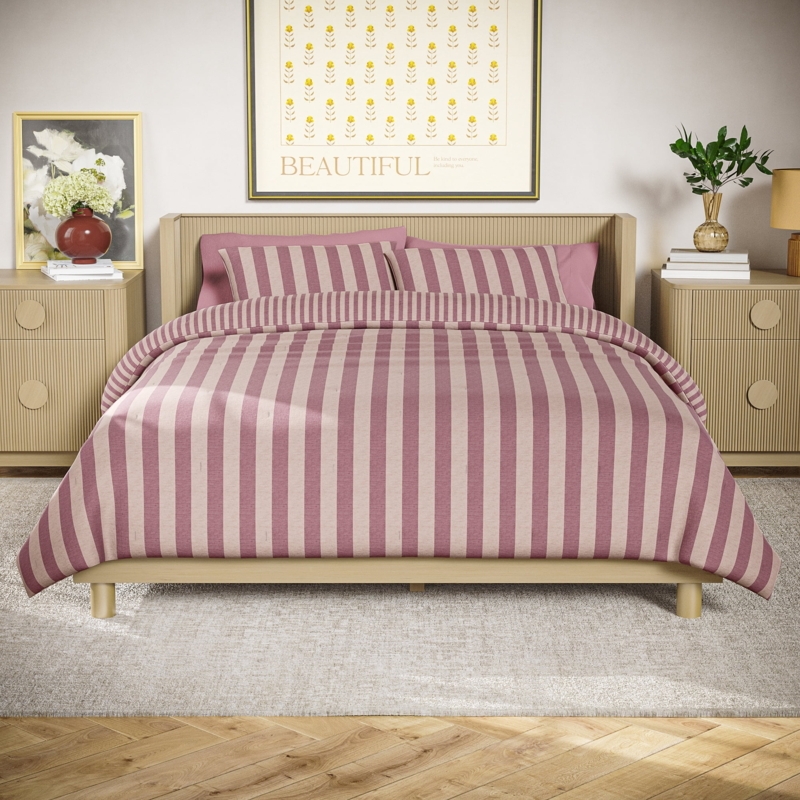 Rose Pink Striped Comforter Set with Slub Texture, Boho Bedroom Bedding