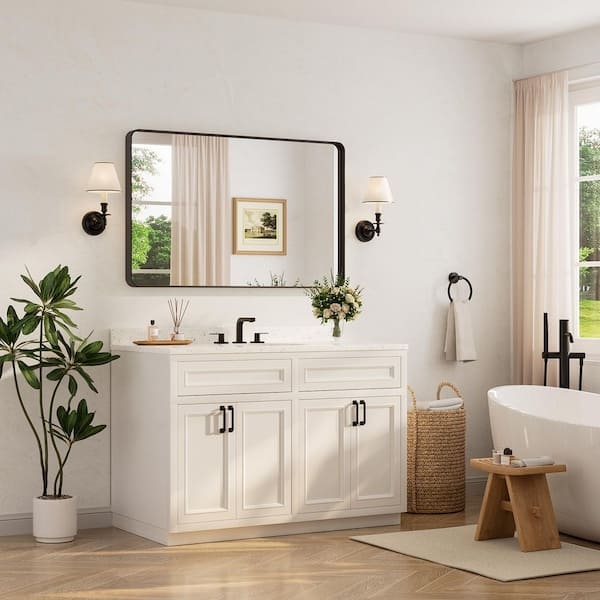 Round Bathroom Mirror, Matte Black Frame, Vessel Sink Vanity Styling
