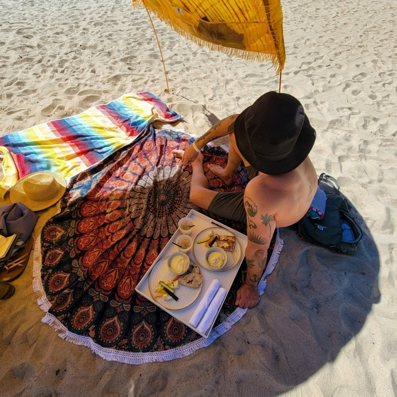Round Boho Beach Mat with Pink Tasseled Fringe