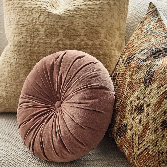 Round Burnt Umber Velvet Pillow, Tufted Mid-Century Modern Cushion
