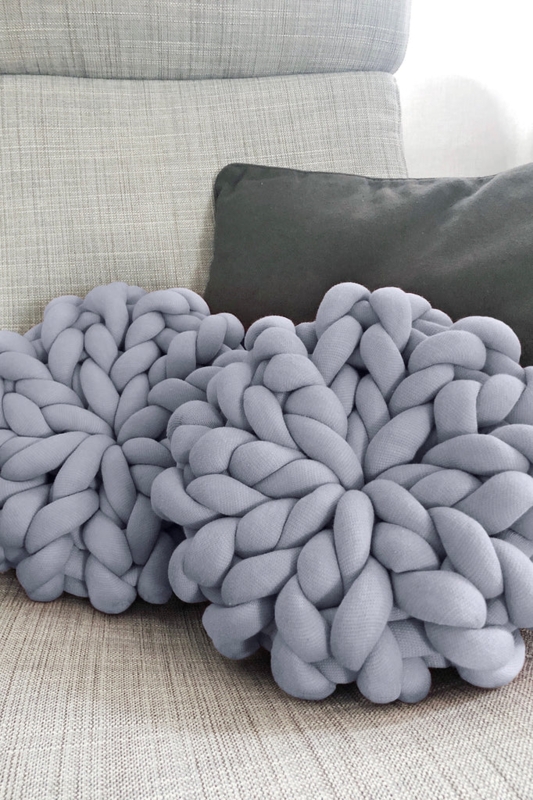 Round Chunky Knit Pillows, Medium Grey Tube Yarn Scandi Cushions