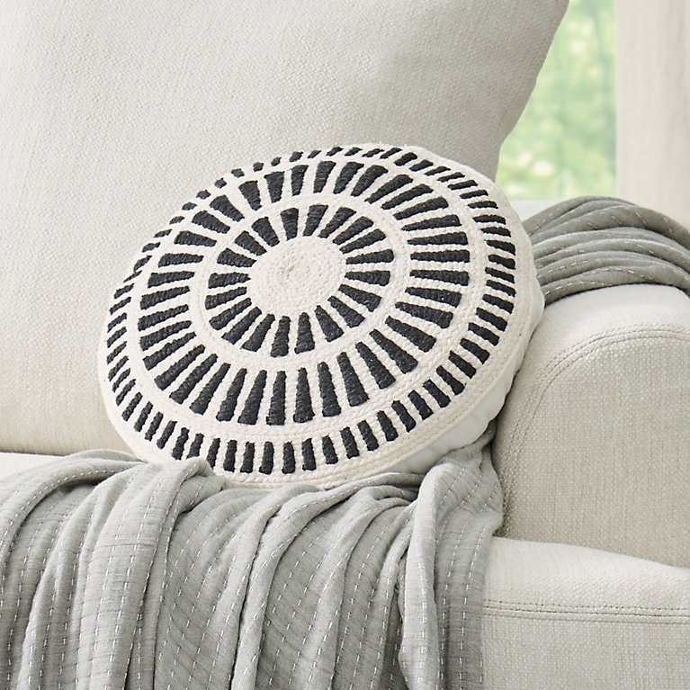 Round Chunky Woven Pillow, Ivory Basketweave Boho Textured Cushion