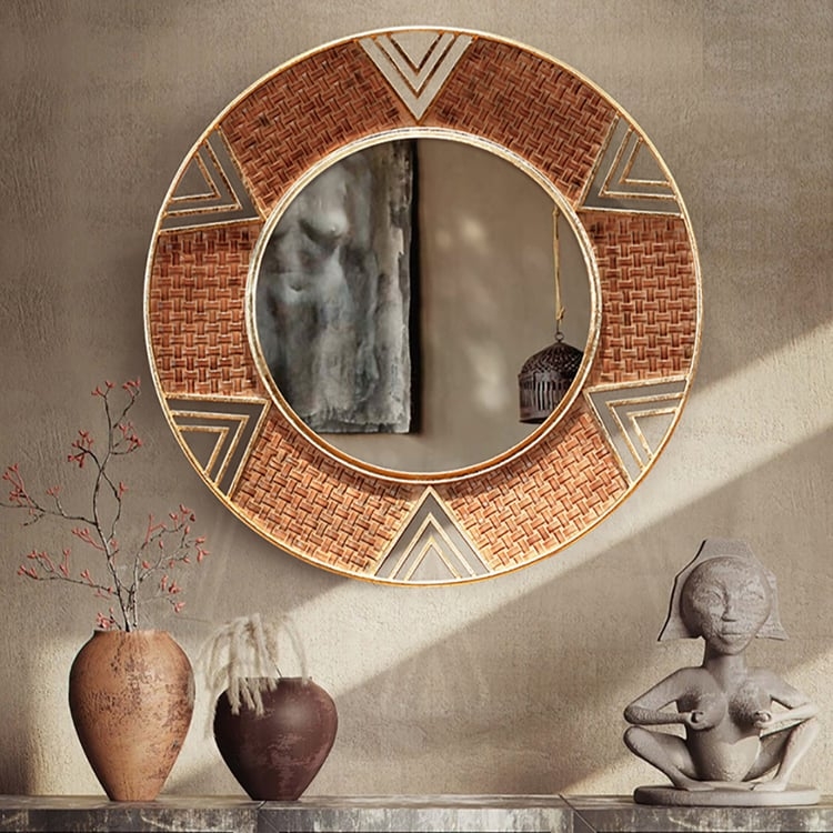 Round Decorative Mirror, Radial Spoke Geometric Frame Dark Bronze
