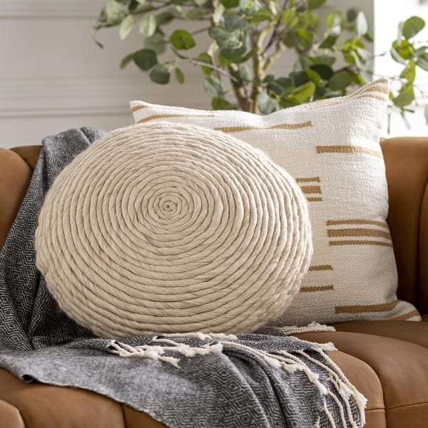 Round Embroidered Cotton Pillow, Blue Floral Fringed Boho Cushion
