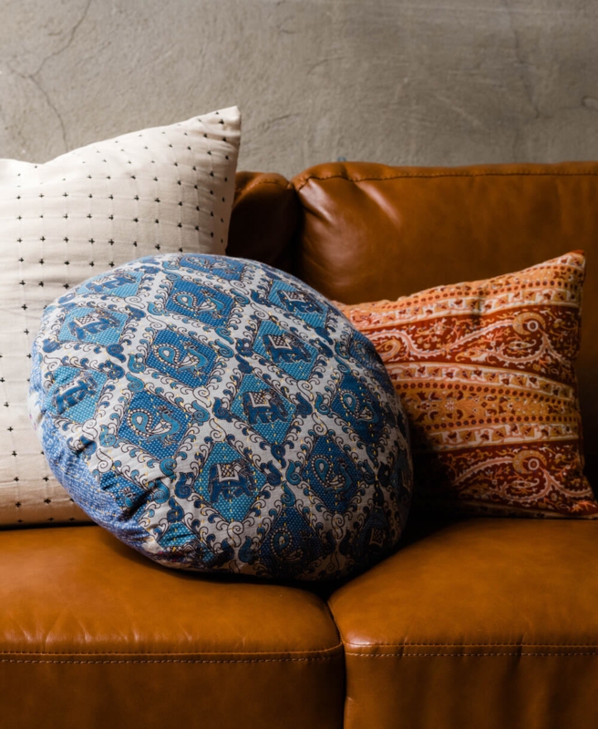 Round Kantha Throw Pillow, Navy Blue Hand-Stitched Artisan Cushion