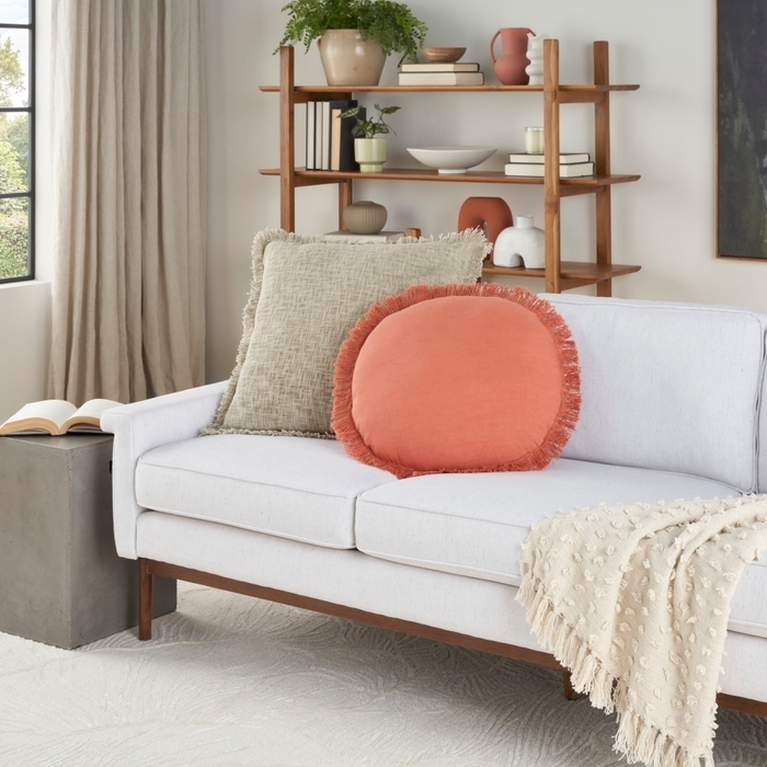 Round Linen-Like Throw Pillow, Coral Pink Fringed Boho Cushion
