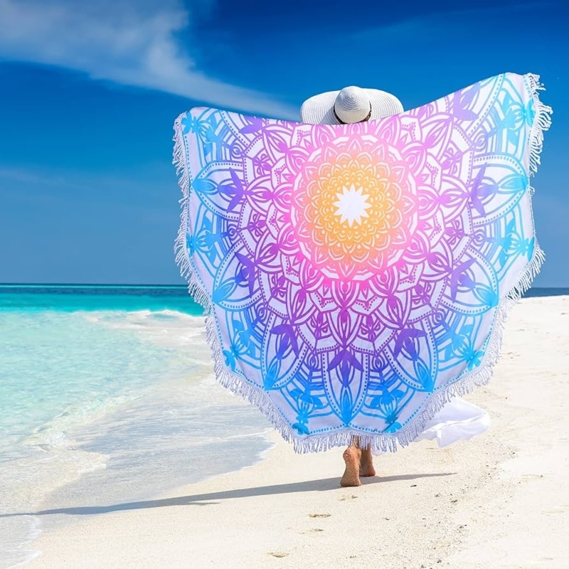 Round Mandala Beach Towel with Fringe, Aqua Blue Boho Blanket