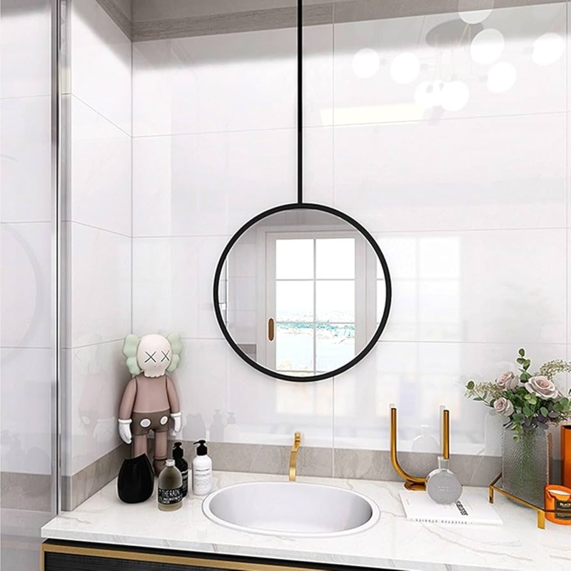 Round Mirror Suspended Rod Marble Bathroom Industrial Style