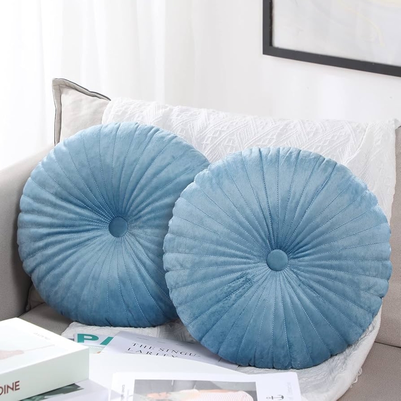 Round Pleated Velvet Pillows, Set of 2 Dusty Blue Pumpkin Cushions