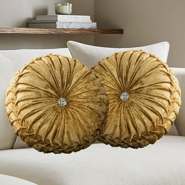 Round Pleated Velvet Pillows, Set of 2 Gold Radiating Cushions
