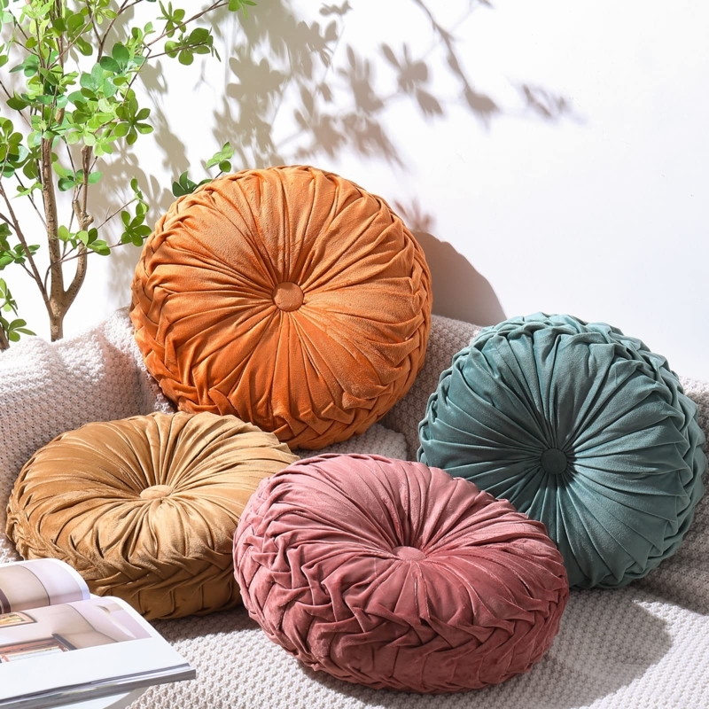 Round Pleated Velvet Pillows, Set of 4 Colorful Pumpkin Cushions